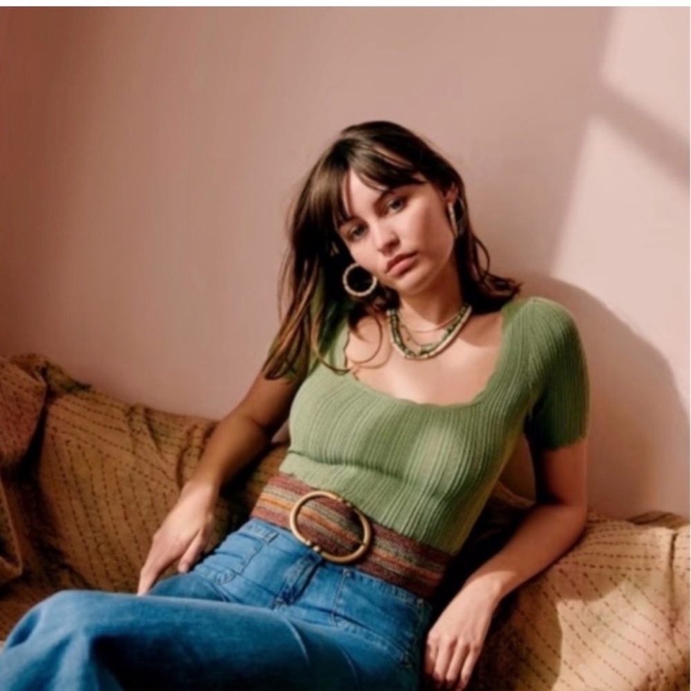 Sezane ANIL Top Green Ribbed Knit Top